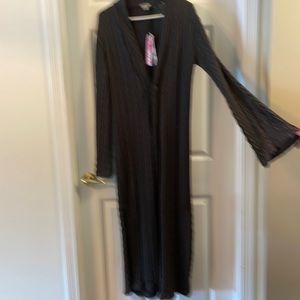 Long knit sweater. NWT. Beautiful lace details on sleeves. Dark grey